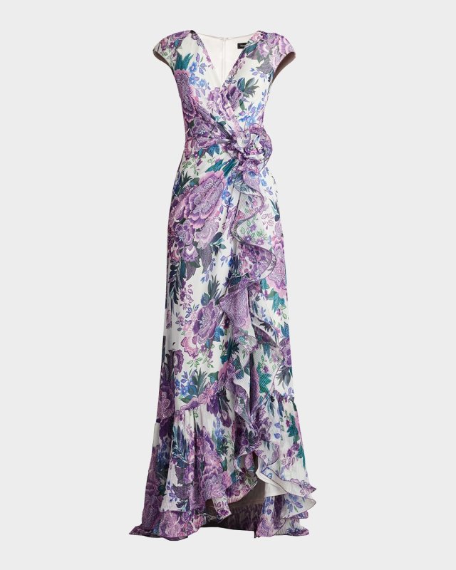 Floral-Print Ruffle Gown